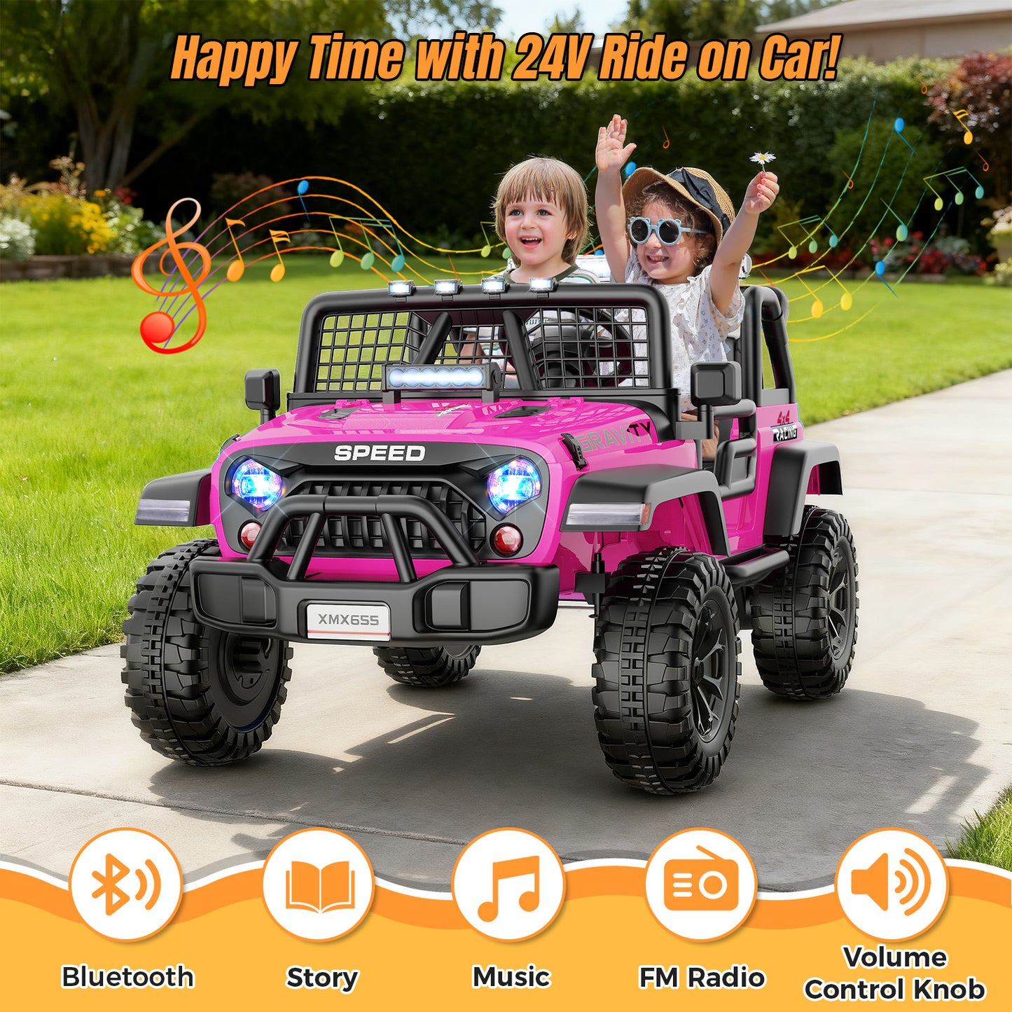 Hikole 24V XL 2-Seater Electric Ride-On Car for Kids โ Wide 20โ Seat, Parent Remote, LED Lights & Music,Spring Suspension